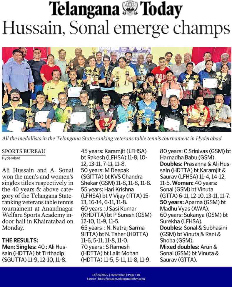 Talangan state ranking Veterans Table Tannis Tournament in Hyderabad