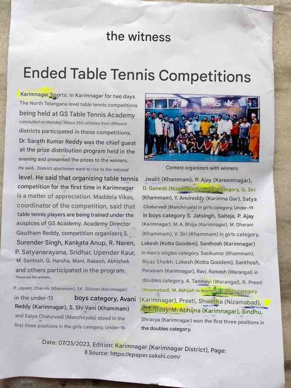 Talangana state level Table Tennis competition 2023